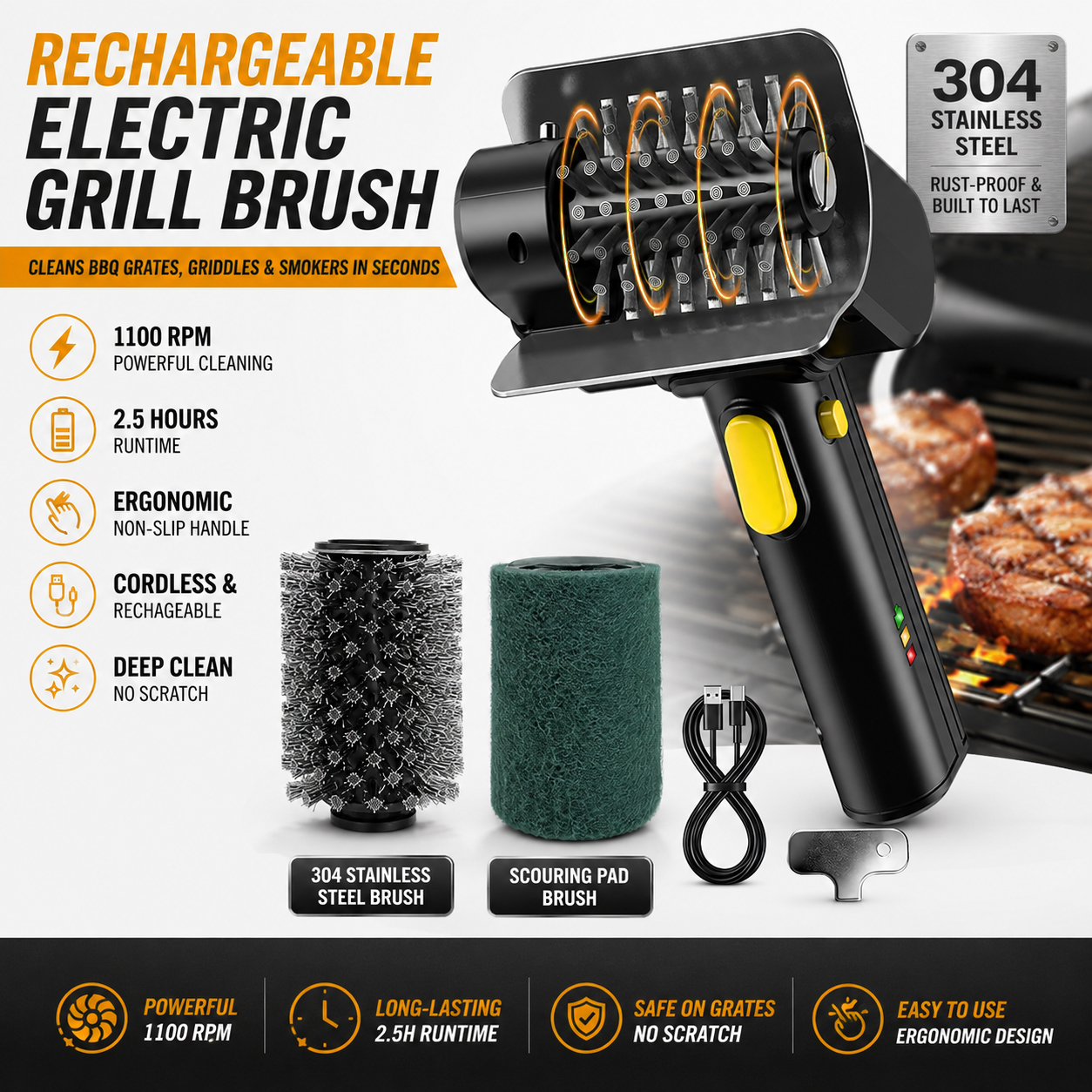 Kitchen Electronics Gadgets - Rechargeable Electric Grill Brush 1100RPM Barbecue